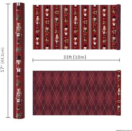 LaRibbons Nutcracker Christmas Wrapping Paper, Red Gold Foil Argyle Plaid