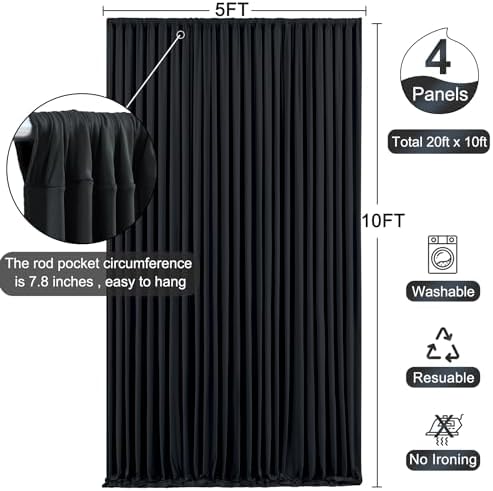 4 Panels Black Backdrop Curtain for Parties Wrinkle Free Black Photo Curtains Backdrop Drapes Fabric Decoration for Birthday Party Wedding 20ft(W) x 10ft(H)
