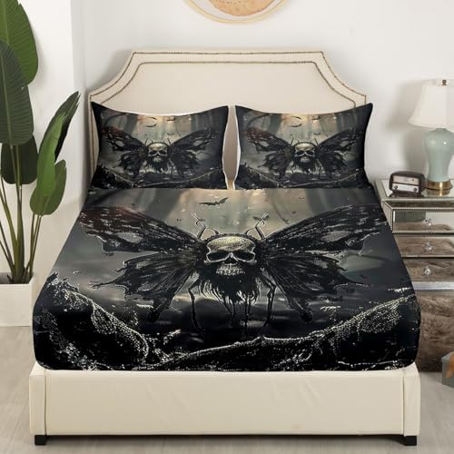 Castle Fairy Skull Butterfly Sheet Set Kids Boys Girls Death Butterfly Fitted Sheets Set Full Size Horror Theme Bedding Sheet Sets Includes 1 Flat Sheet,1 Fitted Sheet,2 Pillowcases