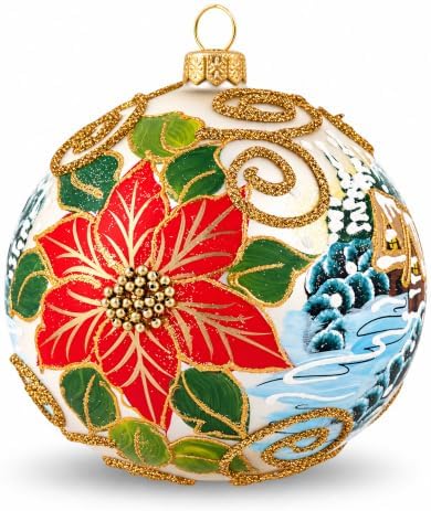 Hand Blown Glass Christmas Ornaments Ball, Wintry Red Poinsettia 5 in