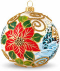 Hand Blown Glass Christmas Ornaments Ball, Wintry Red Poinsettia 5 in