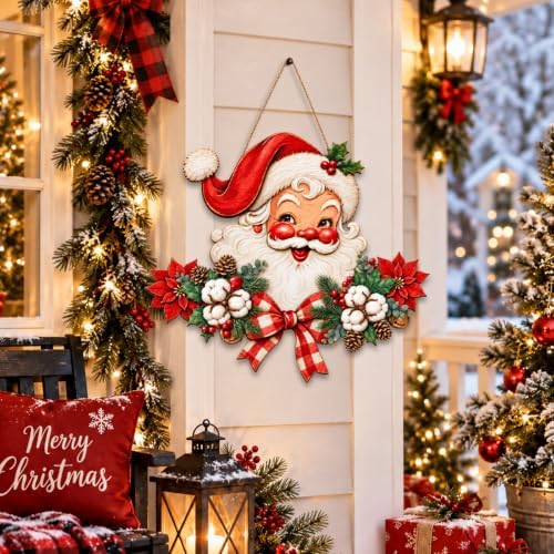 Christmas Decorations Vintage Santa Hanging Wood Sign for Front Door Decor