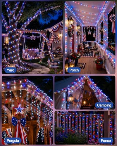 OZS 2 Pack 240 LED 4th of July Solar String Lights, Red White Blue