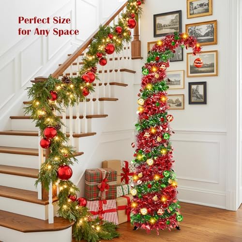 MACTING Whimsical Christmas Tree with Ball String Lights 5FT Pop Up Curved Tree with 15 Ball Lights & Hanging Ornaments Collapsible Tinsel Tree for Apartment Porch Indoor Outdoor Xmas Decor,Red&Green