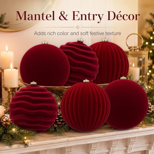 Hollowfly 6 pcs 8 Inch Burgundy Red Large Velvet Christmas Balls Ornaments