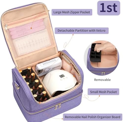 CUBETASTIC Nail Polish Organizer Case, Nail Supplies Storage Box Holds 45 Bottles Nail Polish & Nail Lamp, Travel Nail Tech Carrying Case, Nail Kit Bag For Nail Stuff & Manicure Tools