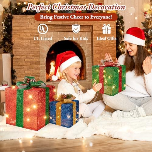 Brightever Set of 3 Christmas Lighted Gift Boxes for Christmas Porch Decor - 12" 10" 8", Plug-in Xmas Present Box in 3 Colors with 70 LED Mini String Lights, Vintage Ornaments Set for Tree Fireplace