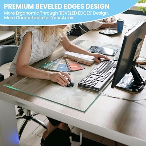 Tempered Glass Desk Pad with Beveled Edge, 32" x 20" Clear Office Desk Pad for Keyboard and Computer Monitor, Glass Desk Mat for Desktop Dry Erase