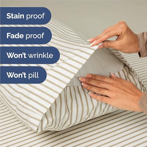 King Size 4 Piece Sheet Set - Breathable & Cooling Sheets - Beige Stripes
