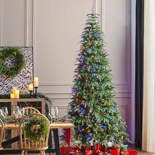 Glitzhome 9ft Prelit Christmas Tree, Slim Christmas Tree Artificial Tree Radiant Evergreen Fir with 650 Warm White/Multi-Color LED Lights, 9 Function, w/Remote Control & Metal Base, Easy Assembly