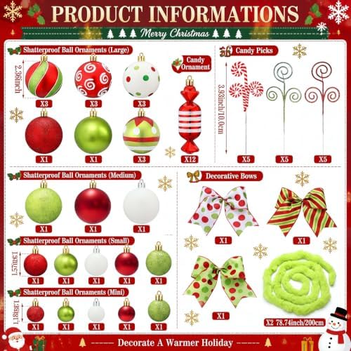 59 Pcs Christmas Tree Decorations Peppermint Candy Ornaments Candy Cane Tree Picks Xmas Balls Bow Lime Green Garland Christmas Hanging Ornaments for Xmas Home Office Decorations