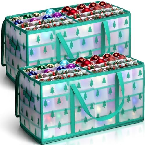 Hosuly 2 Pcs Plastic Christmas Ornaments Storage Box with Dividers, Zippers, 8 Trays,128 Slots, Christmas Storage Containers Xmas Ornaments Organizer for Holiday Balls Ornaments(Christmas Tree)