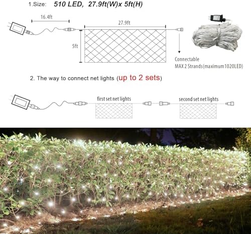 Lovelite 510 LED Christmas Net Lights, 28ft x 5ft Mesh Lights Outdoor Clear Wire 8 Modes, Waterproof Connectable String Lights Plug in for Xmas Tree Bushes Garden Holiday Party Decorations - White