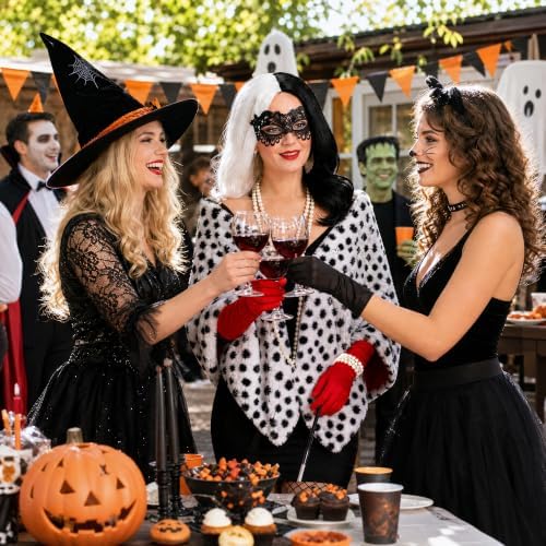 10 Pcs Black White Spotted Villain Costume for Women, Dalmatian Shawl Set