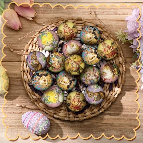Outus 16 Pcs Easter Tree Ornaments Ball Easter Egg Hanging Ornaments Vintage Floral Egg Bunny Decorations Rustic Mini Retro Speckled Eggs Rabbit Hanging Ornament Spring Decor(1.6 Inch, Vintage)