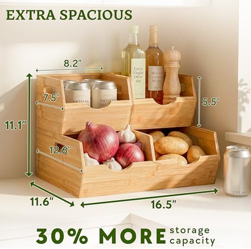 HOMESTEAD Extra Large Bamboo Pantry Storage Bins – 30% Larger, Stackable Potato Onion Storage Bin, Pantry Organizers and Storage, Produce Vegetable Organizer, Set of 3