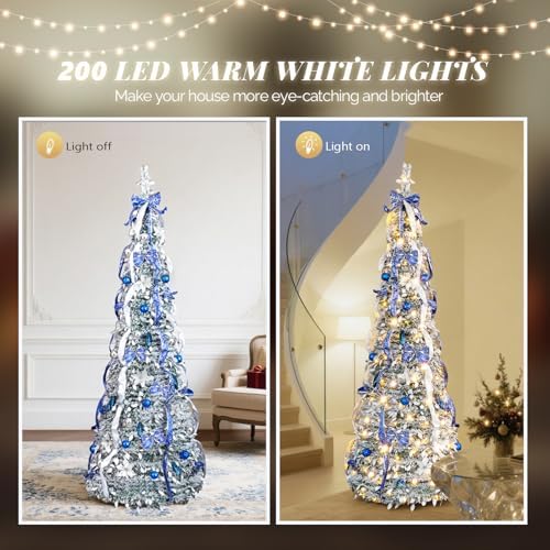 VINGLI 7ft Pre Lit Pop Up Christmas Tree w/ 200 Lights, Fully Decorated Flocked Pencil Christmas Tree, Collapsible Xmas Tree for Holiday Party Decorations (Blue&Silver)