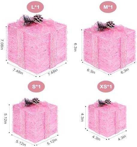 Set of 4 Christmas Lighted Gift Boxes, Pink Present Holiday Decor