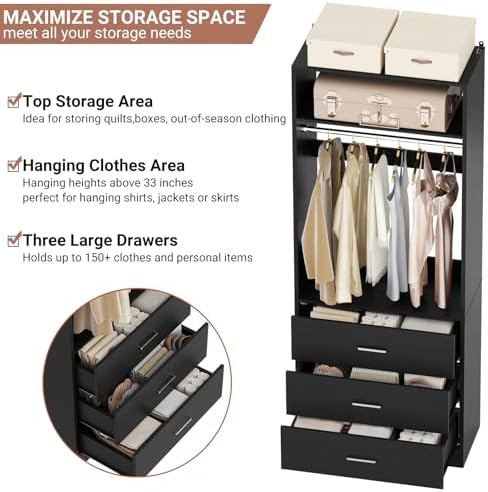 Besiost Freestanding Closet System with 3 Drawers, Wood Closet Organizer