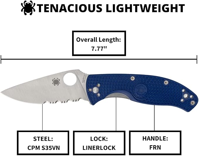 Spyderco Tenacious Lightweight Folding Utility Pocket Knife with 3.39" CPM S35VN Steel Blade and Blue nylon Handle - Everyday Carry - CombinationEdge - C122PSBL | 3.3" CPM S35VN Steel Blade, Blue, FRN Handle
