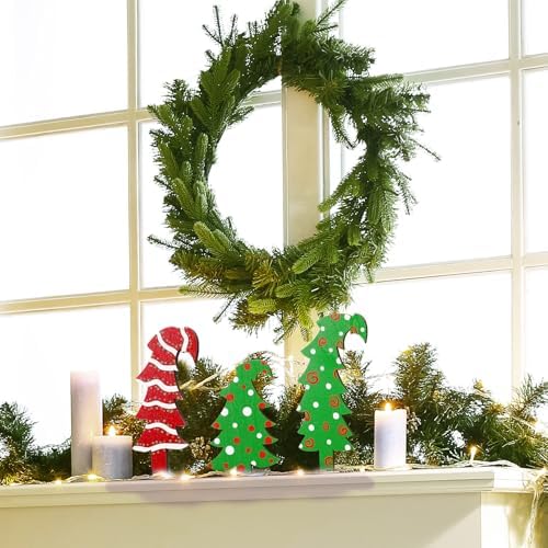 Meooeck 3 Pack Whimsical Wood Christmas Tree Lime Green Tabletop, Lines