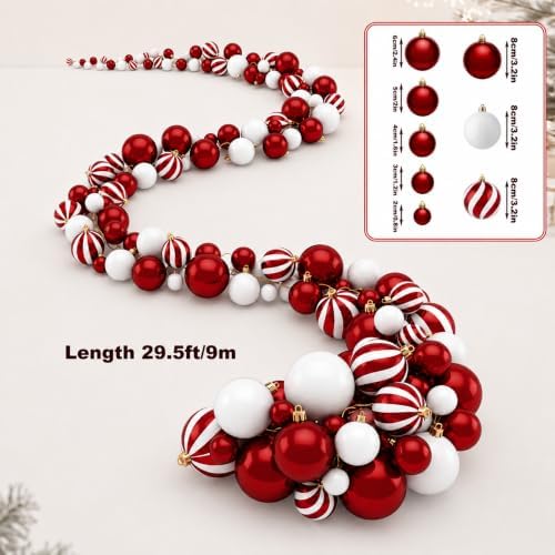 Sosation 29.5Ft Christmas Ball Ornament Garland, Red White, Glossy Matte