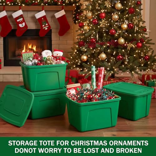 SIMPLYKLEEN 4PC Christmas Storage Bins with Lids-Made in USA 14.5Gallon(58Quart) Red Storage Totes,Holiday Organizer,Plastic Stackable Large Storage Boxes for Home,Office,Garage,Basement Green/Green