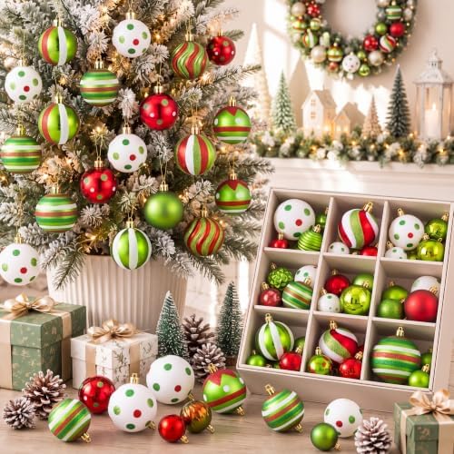 Lunmon 64 Pcs Lime Green Red Christmas Ornament Polka Dot Stripe Xmas Bulbs