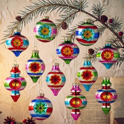 12 Pcs Vintage Glass Christmas Ornament Reflector Decor, Finial
