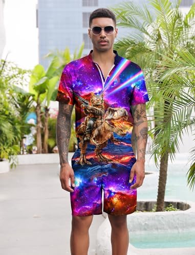 RAISEVERN Mens Romper Male Zipper Shorts Sleeve One Piece Bro Outfits