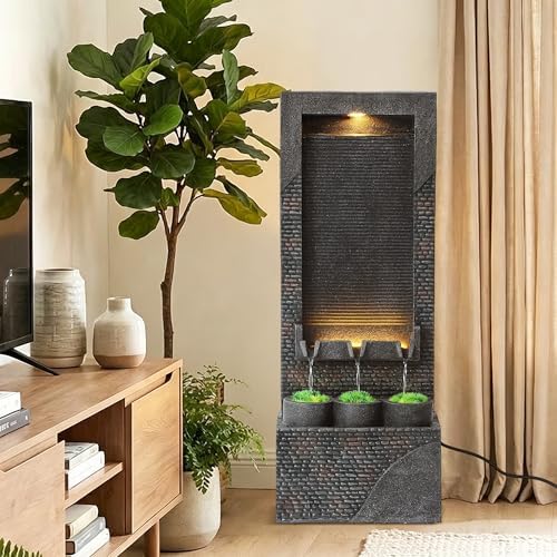 Grepatio 39" Tall Outdoor Water Fountain, Indoor Water Feature Cascading Wall with 5 LED Lights, Large Outside Resin Wtaerfall Fountains for Garden, Yard Patio Home Decor, Natural Stone Look, Gray