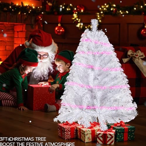 White 3ft Christmas Tree with Lights, Small 36inch Artificial Tree Mini Table Top Decorations, Xmas Desk Tree with 80 Colored Lights, 200 Branch, Holiday Decor for Home,Indoor Office Tabletop