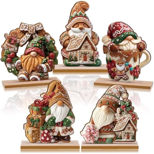 RattanView 5 Pcs Gingerbread Christmas Table Decorations Wooden Ginger Bread Gnome Decor Christmas Table Centerpiece Ginger Bread Village Decorations Xmas Gnome Tiered Tray Decor with Base for Home