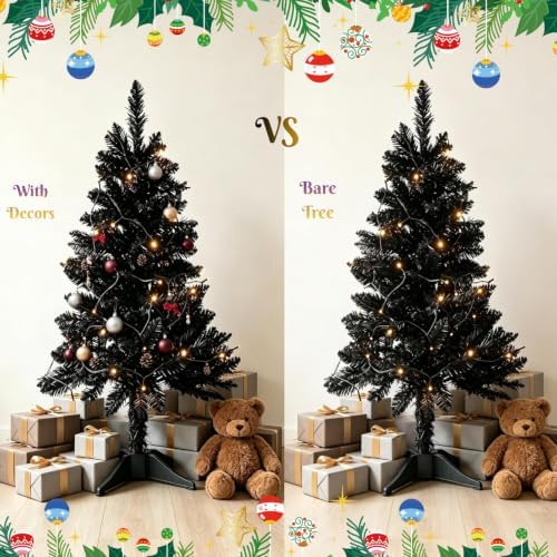 4ft Black Mini Artificial Christmas Tree Hinged Design with 100 Battery Powered LED Lights, 202 PVC Tips Small Black Xmas Tree for Apartment Corner Office Indoor Holiday Party Decorations