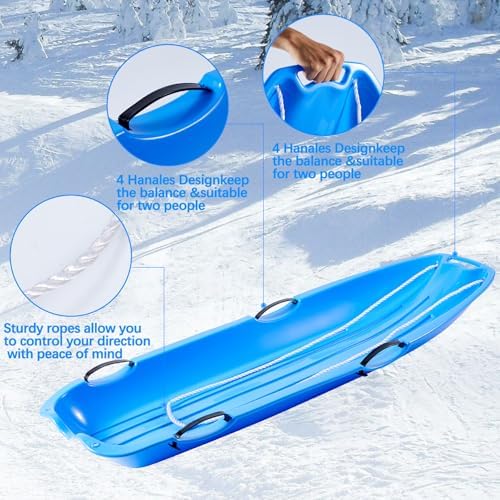 Toboggan Snow Sled for Adults, 48in Plastic Sleds with Pull Rope and 4 Handles, Outdoor Plastic Snow Sled for Kids and Adults
