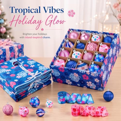 Sosation 34 Pcs Blue Pink Hawaiian Christmas Tree Decor Complete Set