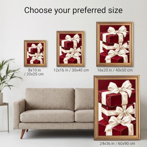 Framed Canvas Wall Art Painterly Gift Boxes Deep Red Wrapping with Thick White Ribbons Canvas Print Poster Gold Frame Wall Decor for Dining Room and Living Room Festive Art, Holiday Decor - Inch 8x10