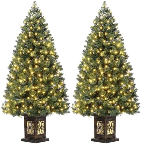 Garvee Pre-lit Artificial Christmas Tree with Warm White Lights, Green Full Christmas Tree 4.5 ft with 8 Light-Modes, Pre Lighted Xmas Tree W/460 Branch Tips, 300 Light & Antique Urn Base,2 PCS