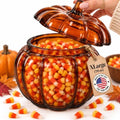 HOMESPHERE 70 oz. Orange Glass Pumpkin Candy Jar with Lid – Large Storage Container for Halloween Treats, Candies, Cookies & Fall Décor Display