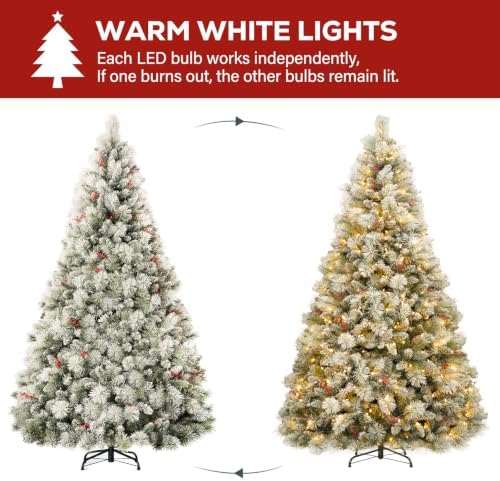 Hykolity 7.5ft Prelit Flocked Christmas Tree with Pine Needle and Brerries
