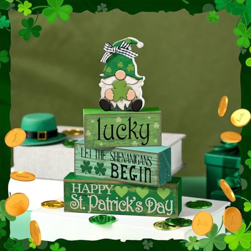 Moucuny 4 Pcs St. Patrick's Day Wood Signs Gnome Tiered Tray Table Decor