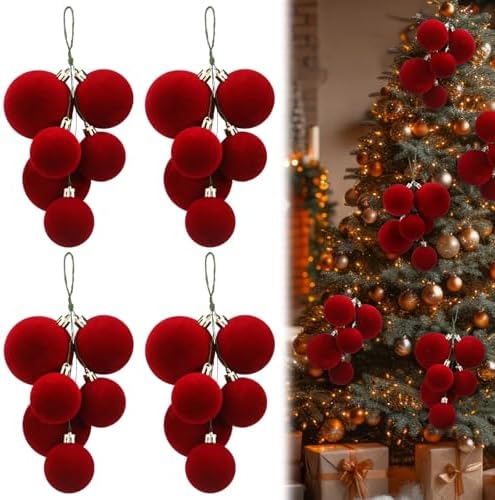 Roowest 4 Sets Large Red Velvet Christmas Ball Clusters Ornaments Decor