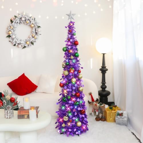 N&T NIETING Pop Up Christmas Tree with Lights & Ornaments, 5FT, Dark Purple