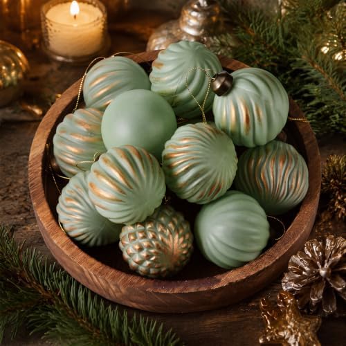 Syhood 18 Pcs Sage Green Christmas Mercury Glass Balls Ornaments, 6 Styles