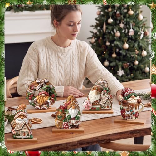 RattanView 5 Pcs Gingerbread Christmas Table Decorations Wooden Ginger Bread Gnome Decor Christmas Table Centerpiece Ginger Bread Village Decorations Xmas Gnome Tiered Tray Decor with Base for Home