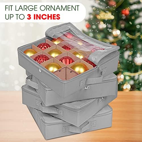 ProPik 4 Pcs Christmas Ornament Storage Boxes with Dividers, Transparent Top Zipper Closure, 4 Individual Ornament Holder Trays, Keeps 64 Holiday Ornaments, Ornament Organizer Storage Box (Gray)