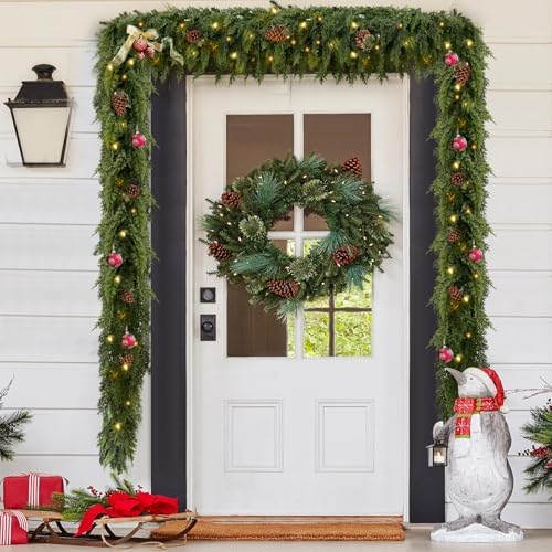 2Pcs 15FT Christmas Garland with LED Lights, Real Touch Cedar Garland Artificial Greenery Garland with 200 Cedar Branches, 8 Lighting Modes for Mantel, Table Runner, Stairs Holiday Winter Decor