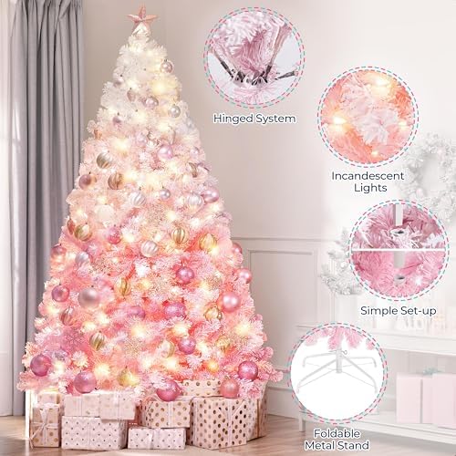 Yaheetech 7.5ft Prelit Flocked Christmas Tree, Pink & White, 550 Lights