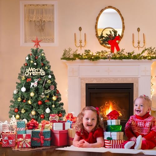 4.5FT Artificial Christmas Tree with 350 Branch Tips, Hinged Spruce Design & Metal Foldable Base, Easy Assembly Holiday Decoration for Home, Green