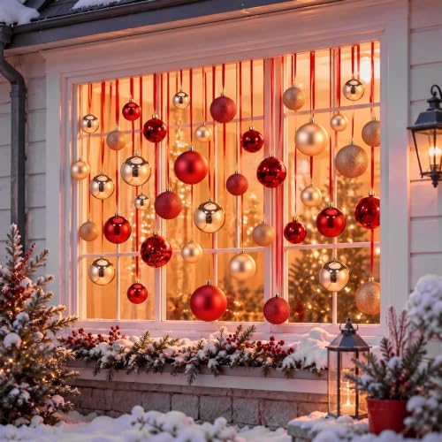56 Pcs Red Gold Christmas Window Hanging Ball Ornament Window Decorations